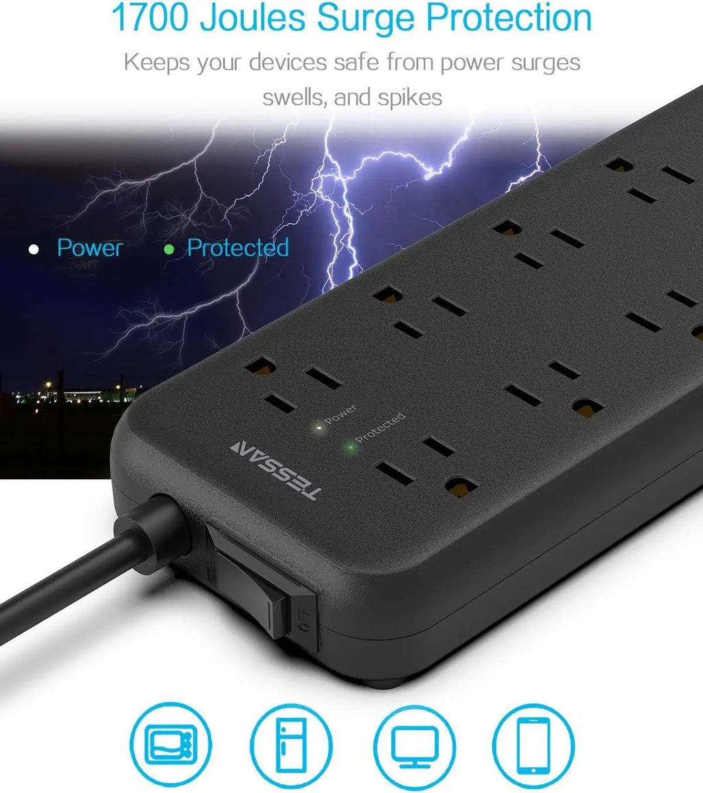 Surge Protector Power Strip,  8 Outlets and 3 USB Ports 5Ft Long Extension Cord Flat Plug, 1875W/15A, 1700 Joules, Wall Mountable for Home, Office, School and Dorm Room Essentials, Black